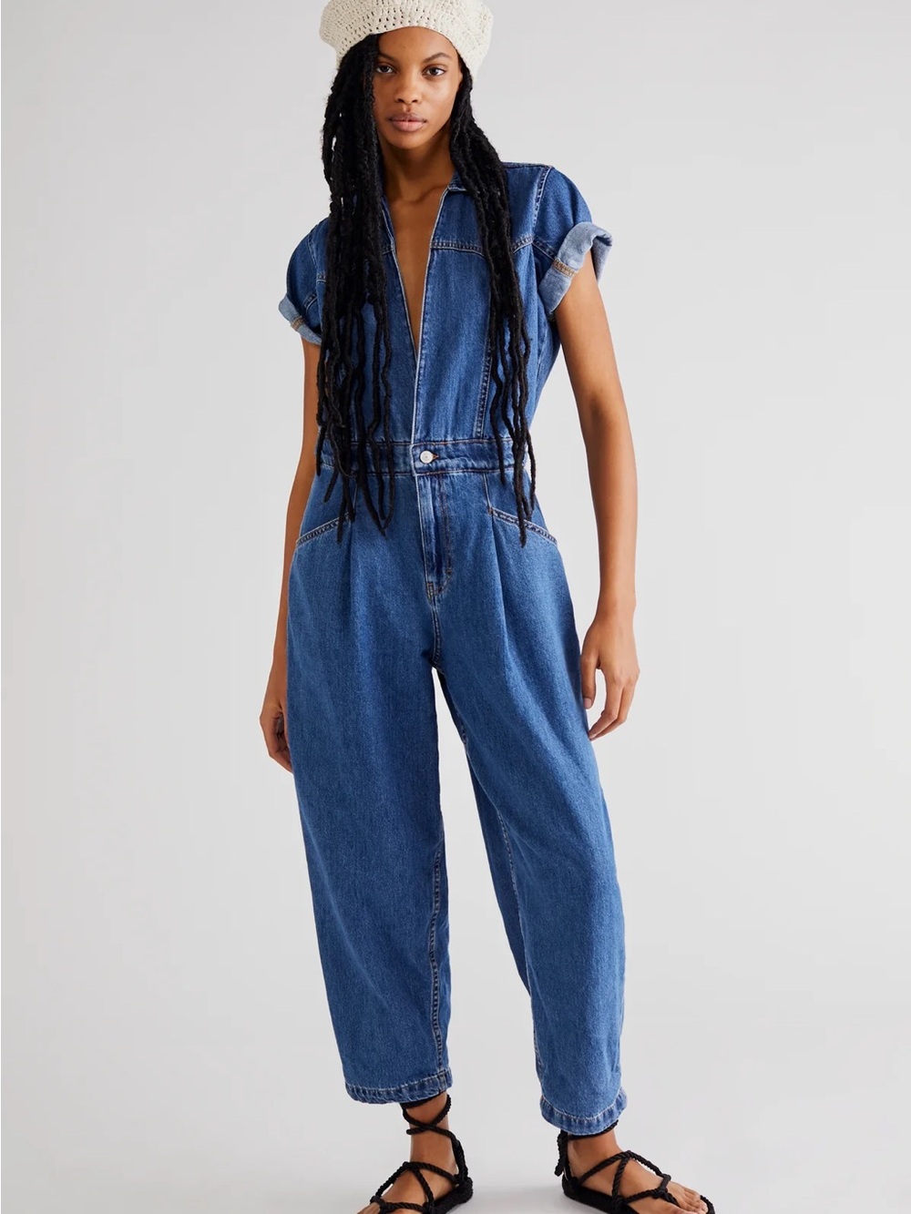 We The Free Blue Denim Short-Sleeve Plunge Neck Jumpsuit